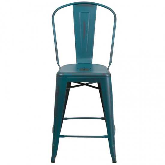 Commercial Grade 24" High Distressed Kelly Blue-Teal Metal Indoor-Outdoor Counter Height Stool with Back