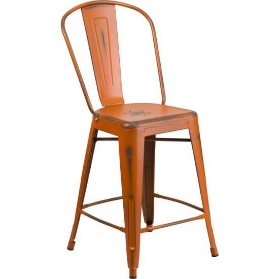 Commercial Grade 24" High Distressed Orange Metal Indoor-Outdoor Counter Height Stool with Back