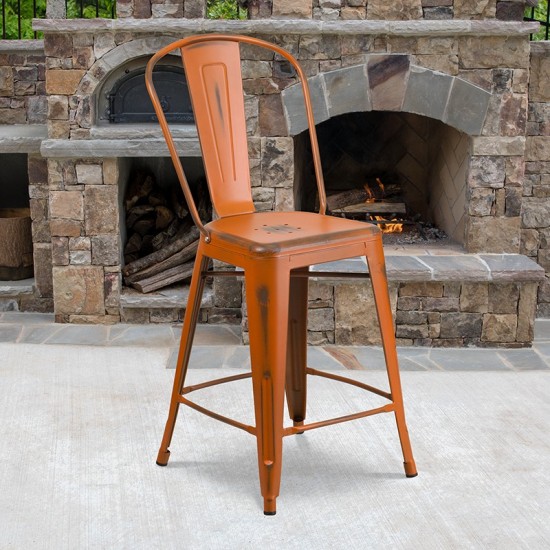 Commercial Grade 24" High Distressed Orange Metal Indoor-Outdoor Counter Height Stool with Back