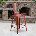 Commercial Grade 24" High Distressed Kelly Red Metal Indoor-Outdoor Counter Height Stool with Back