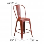 Commercial Grade 24" High Distressed Kelly Red Metal Indoor-Outdoor Counter Height Stool with Back