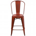 Commercial Grade 24" High Distressed Kelly Red Metal Indoor-Outdoor Counter Height Stool with Back