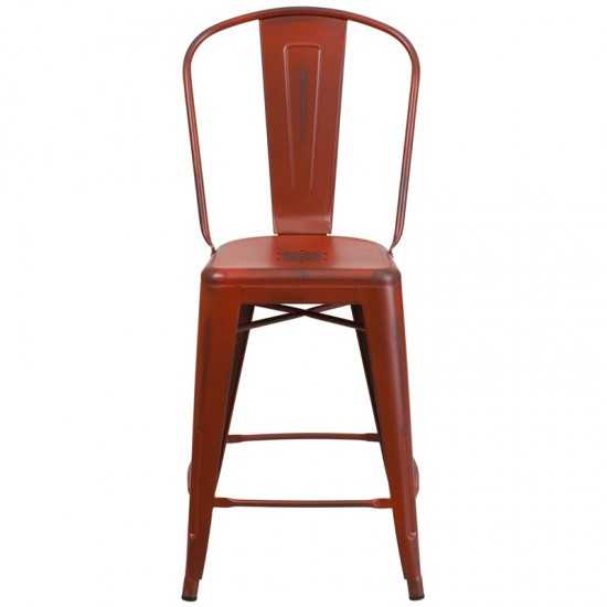 Commercial Grade 24" High Distressed Kelly Red Metal Indoor-Outdoor Counter Height Stool with Back