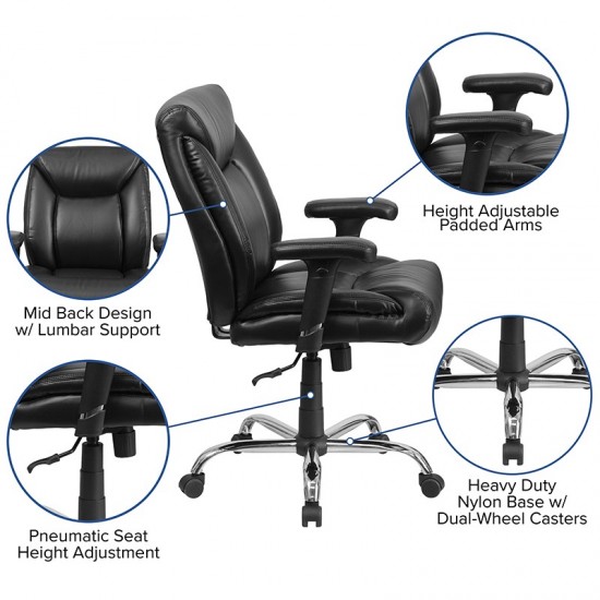 Big & Tall 400 lb. Rated Black LeatherSoft Deep Tufted Ergonomic Task Office Chair with Adjustable Arms