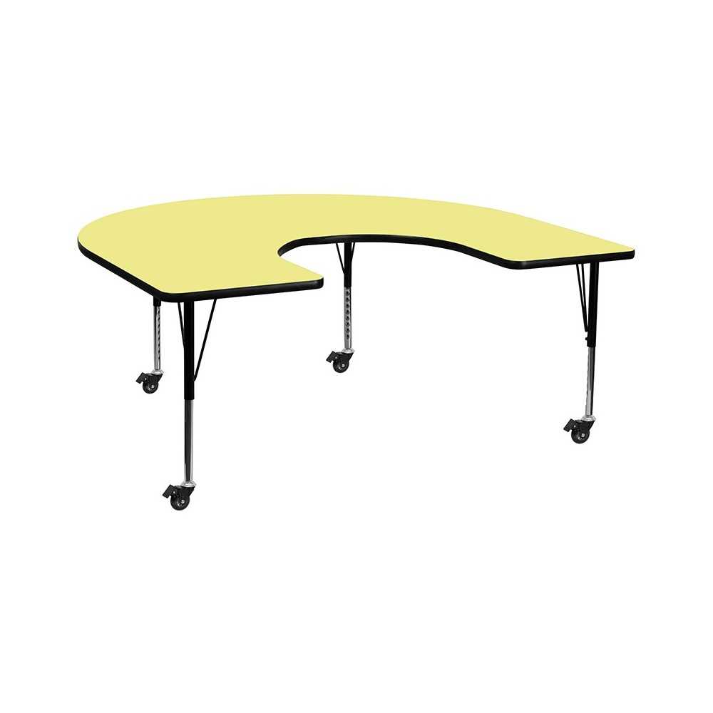 Mobile 60''W x 66''L Horseshoe Yellow Thermal Laminate Activity Table - Height Adjustable Short Legs