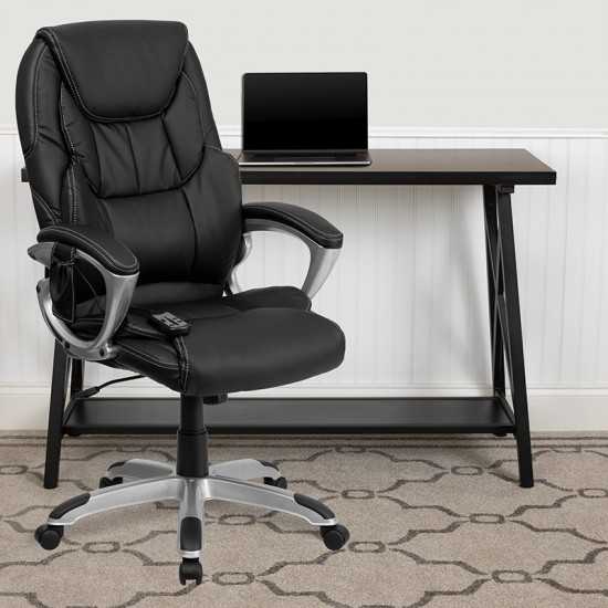 High Back Ergonomic Massaging Black LeatherSoft Executive Swivel Office Chair with Silver Base and Arms