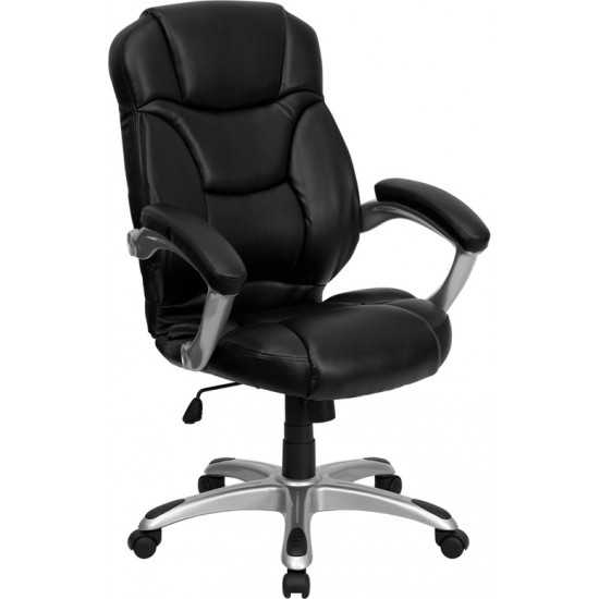 High Back Black LeatherSoft Contemporary Executive Swivel Ergonomic Office Chair with Silver Nylon Base and Arms