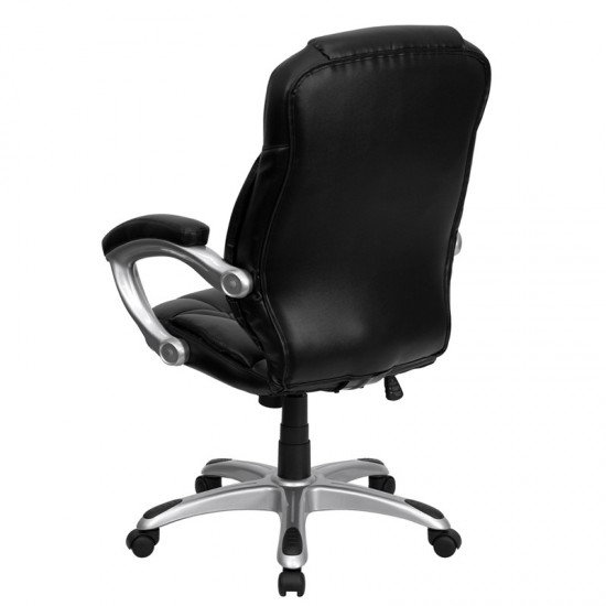 High Back Black LeatherSoft Contemporary Executive Swivel Ergonomic Office Chair with Silver Nylon Base and Arms