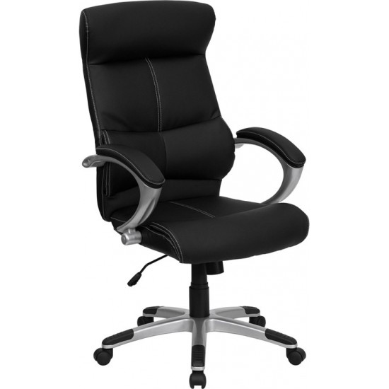 High Back Black LeatherSoft Executive Swivel Office Chair with Curved Headrest and White Line Stitching