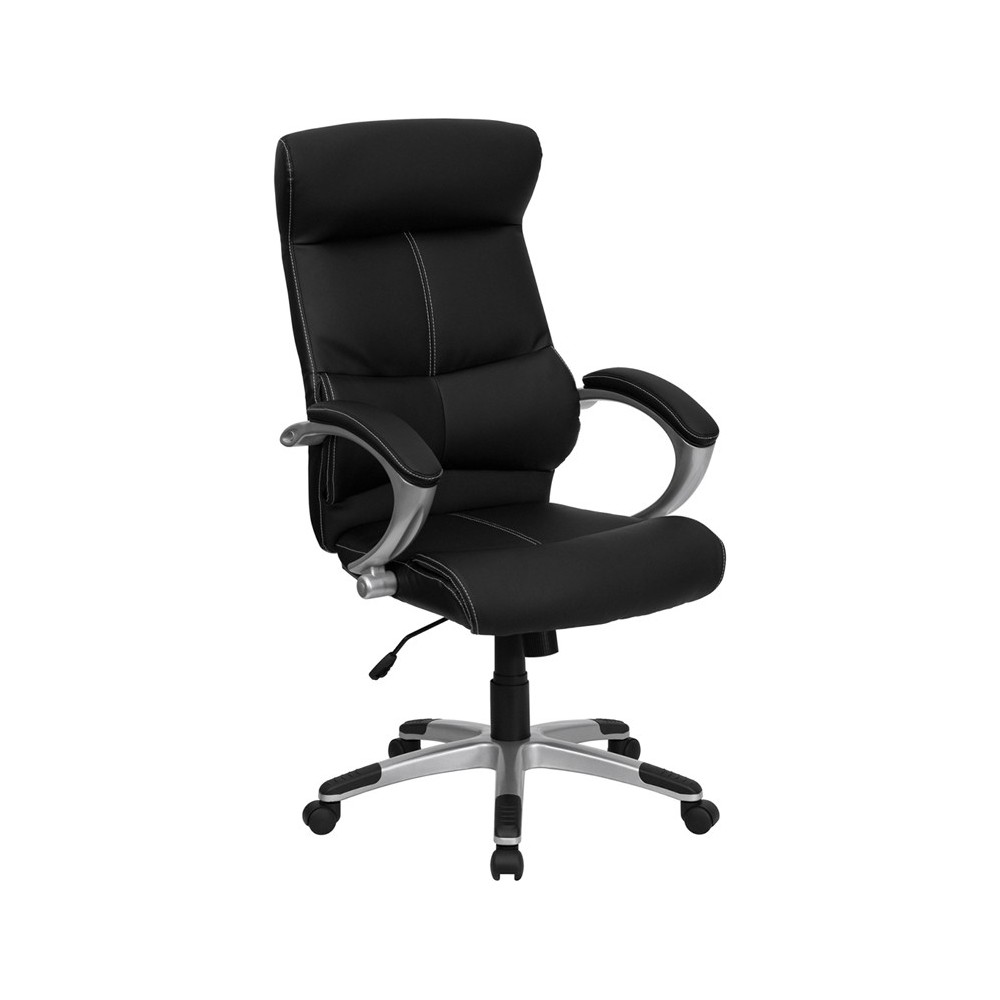 High Back Black LeatherSoft Executive Swivel Office Chair with Curved Headrest and White Line Stitching