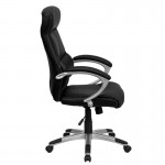 High Back Black LeatherSoft Executive Swivel Office Chair with Curved Headrest and White Line Stitching