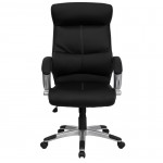 High Back Black LeatherSoft Executive Swivel Office Chair with Curved Headrest and White Line Stitching