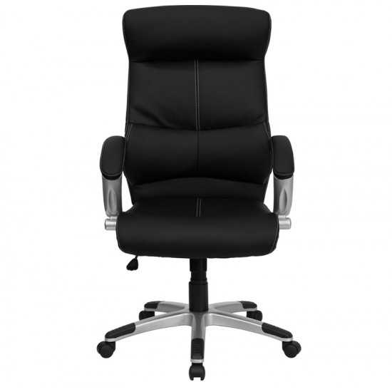 High Back Black LeatherSoft Executive Swivel Office Chair with Curved Headrest and White Line Stitching