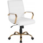 Mid-Back White LeatherSoft Executive Swivel Office Chair with Gold Frame and Arms