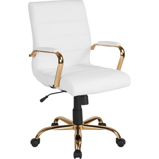 Mid-Back White LeatherSoft Executive Swivel Office Chair with Gold Frame and Arms