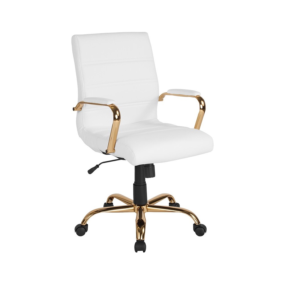 Mid-Back White LeatherSoft Executive Swivel Office Chair with Gold Frame and Arms