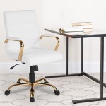 Mid-Back White LeatherSoft Executive Swivel Office Chair with Gold Frame and Arms