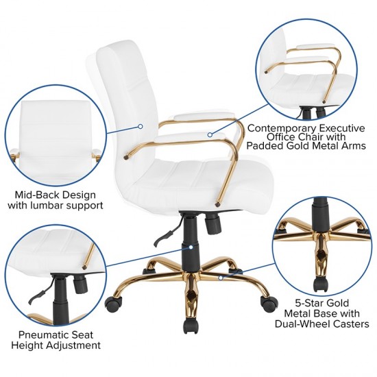 Mid-Back White LeatherSoft Executive Swivel Office Chair with Gold Frame and Arms