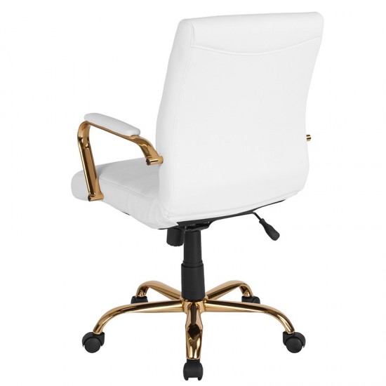 Mid-Back White LeatherSoft Executive Swivel Office Chair with Gold Frame and Arms