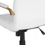 Mid-Back White LeatherSoft Executive Swivel Office Chair with Gold Frame and Arms