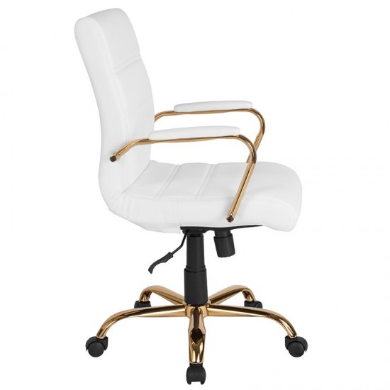 Mid-Back White LeatherSoft Executive Swivel Office Chair with Gold Frame and Arms