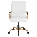 Mid-Back White LeatherSoft Executive Swivel Office Chair with Gold Frame and Arms