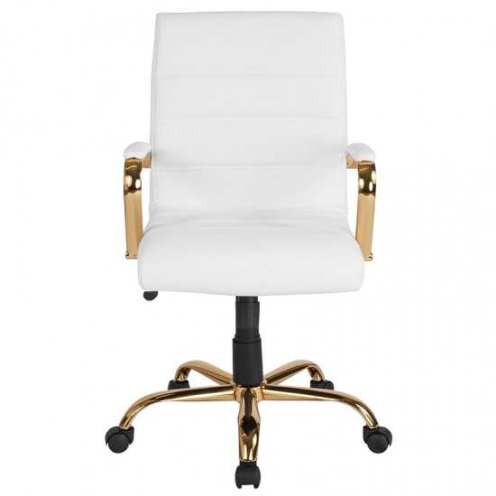 Mid-Back White LeatherSoft Executive Swivel Office Chair with Gold Frame and Arms