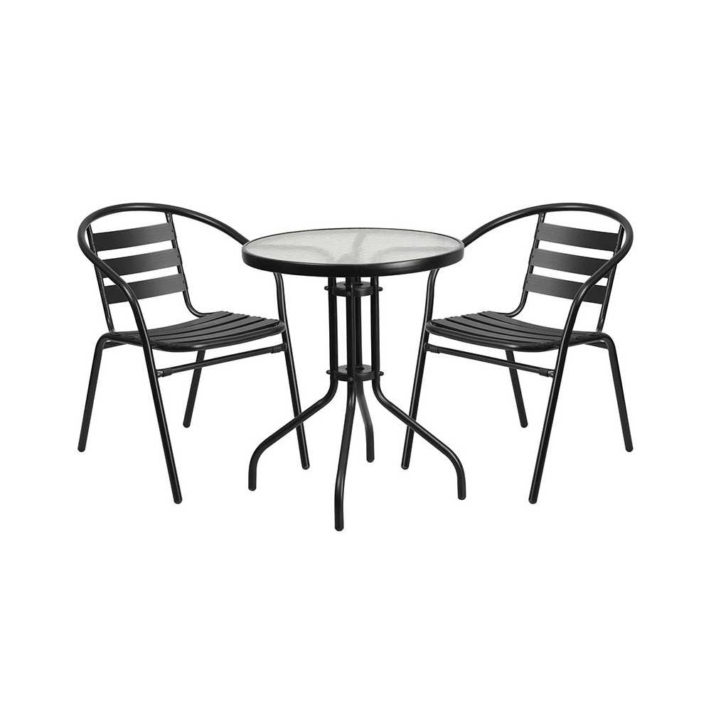 23.75'' Round Glass Metal Table with 2 Black Metal Aluminum Slat Stack Chairs 23.75'' Round Glass Metal Table with 2 Black Metal Aluminum Slat Stack Chairs