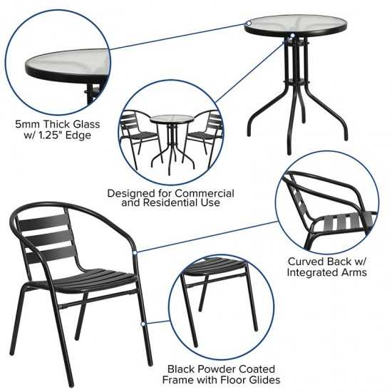 23.75'' Round Glass Metal Table with 2 Black Metal Aluminum Slat Stack Chairs