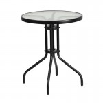23.75'' Round Glass Metal Table with 2 Black Metal Aluminum Slat Stack Chairs