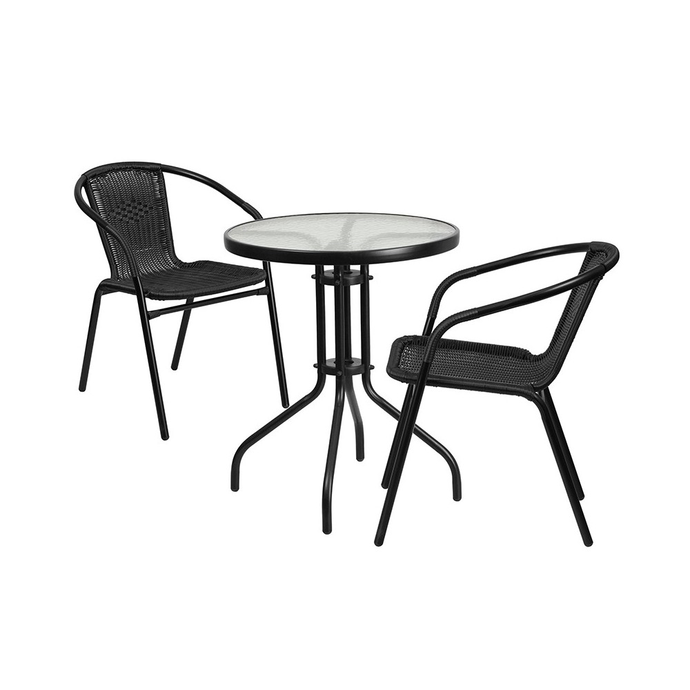 23.75'' Round Glass Metal Table with 2 Black Rattan Stack Chairs 23.75'' Round Glass Metal Table with 2 Black Rattan Stack Chairs