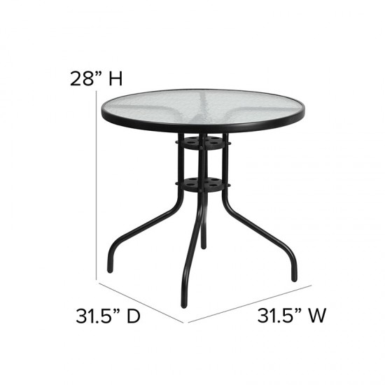 31.5'' Round Glass Metal Table with 4 Black Metal Aluminum Slat Stack Chairs