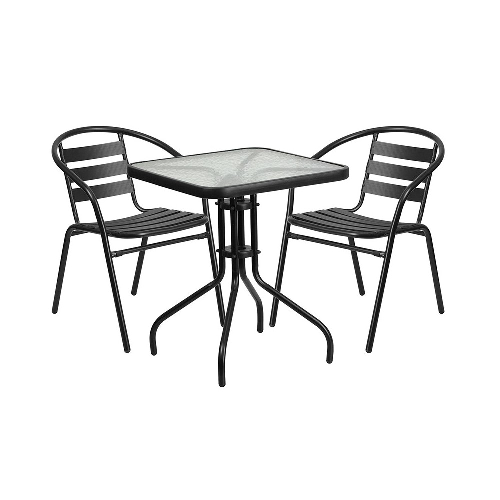 23.5'' Square Glass Metal Table with 2 Black Metal Aluminum Slat Stack Chairs