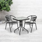 23.5'' Square Glass Metal Table with 2 Black Metal Aluminum Slat Stack Chairs