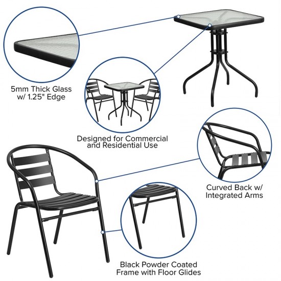 23.5'' Square Glass Metal Table with 2 Black Metal Aluminum Slat Stack Chairs