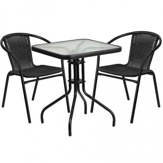 23.5'' Square Glass Metal Table with 2 Black Rattan Stack Chairs