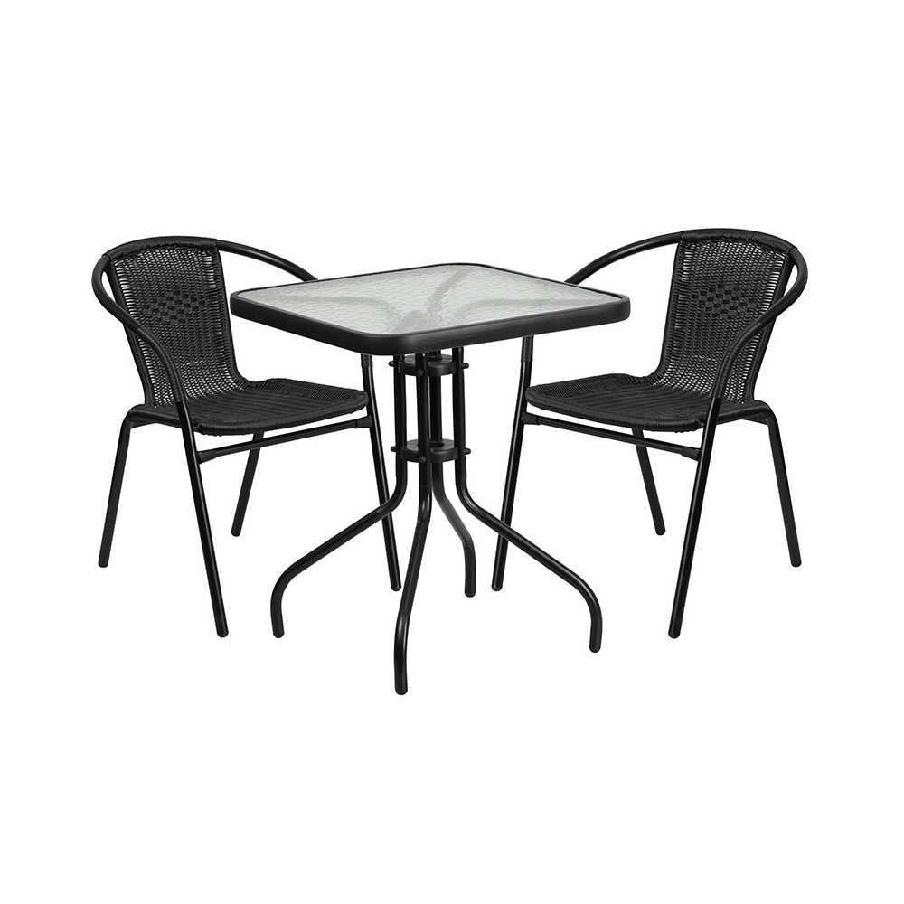 23.5'' Square Glass Metal Table with 2 Black Rattan Stack Chairs