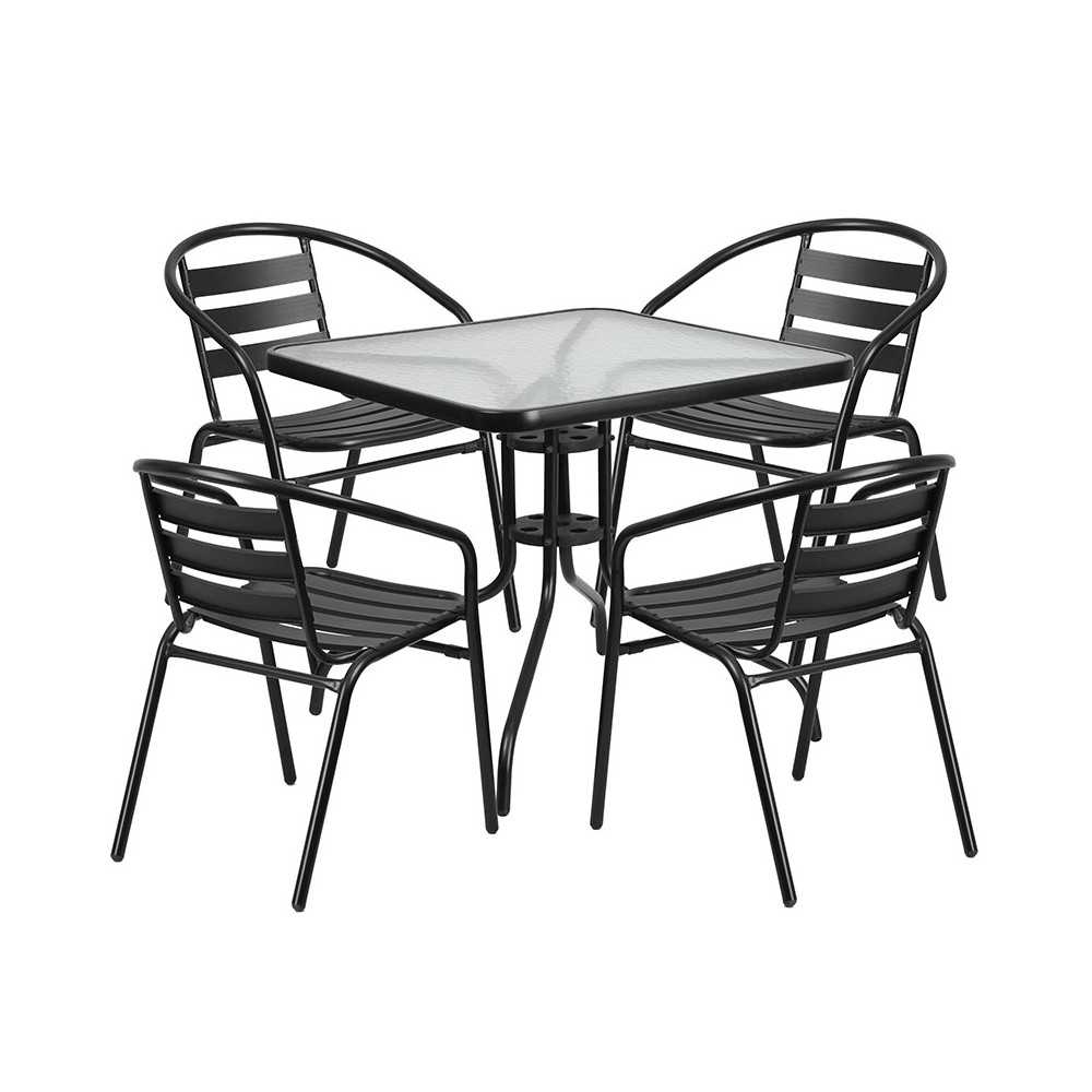 31.5'' Square Glass Metal Table with 4 Black Metal Aluminum Slat Stack Chairs