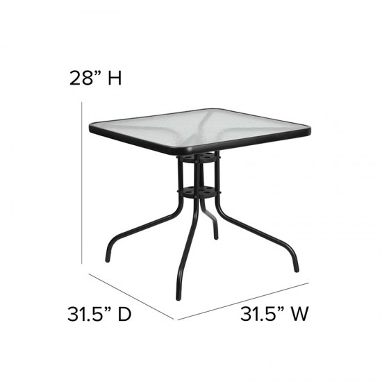 31.5'' Square Glass Metal Table with 4 Black Metal Aluminum Slat Stack Chairs