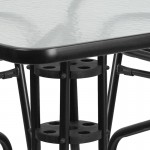 31.5'' Square Glass Metal Table with 4 Black Metal Aluminum Slat Stack Chairs