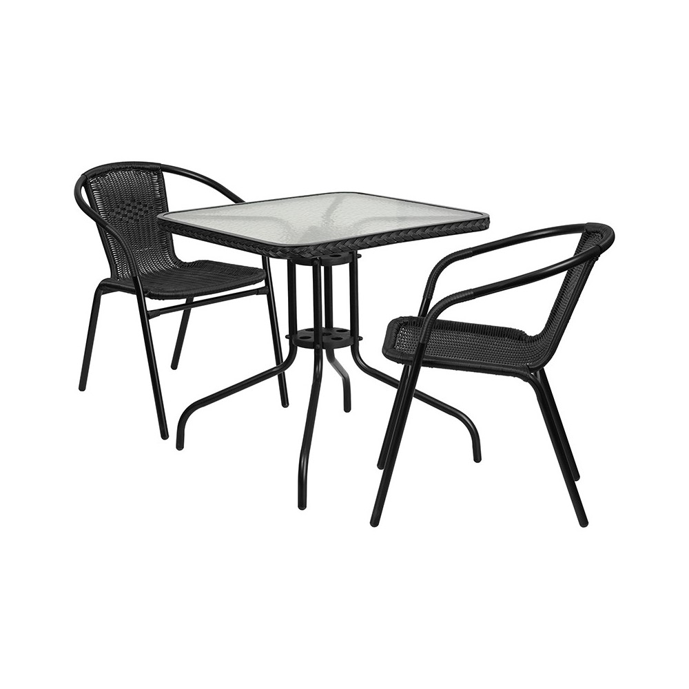 28'' Square Glass Metal Table with Black Rattan Edging and 2 Black Rattan Stack Chairs