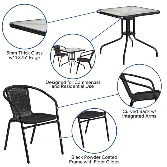 28'' Square Glass Metal Table with Black Rattan Edging and 2 Black Rattan Stack Chairs