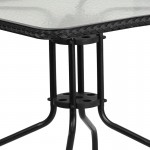 28'' Square Glass Metal Table with Black Rattan Edging and 2 Black Rattan Stack Chairs