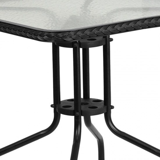 28'' Square Glass Metal Table with Black Rattan Edging and 2 Black Rattan Stack Chairs