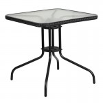 28'' Square Glass Metal Table with Black Rattan Edging and 2 Black Rattan Stack Chairs