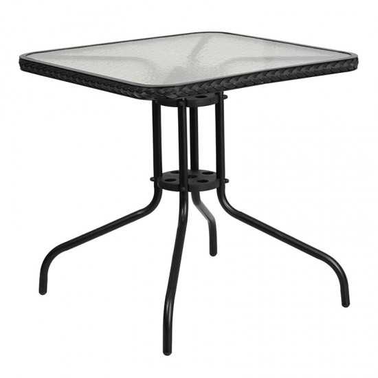 28'' Square Glass Metal Table with Black Rattan Edging and 2 Black Rattan Stack Chairs