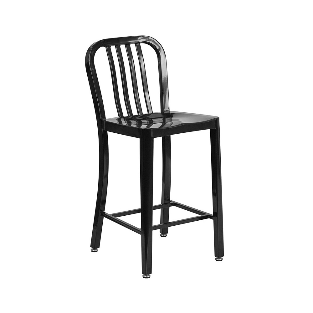 Commercial Grade 24" High Black Metal Indoor-Outdoor Counter Height Stool with Vertical Slat Back