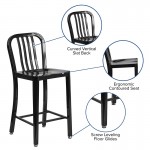 Commercial Grade 24" High Black Metal Indoor-Outdoor Counter Height Stool with Vertical Slat Back