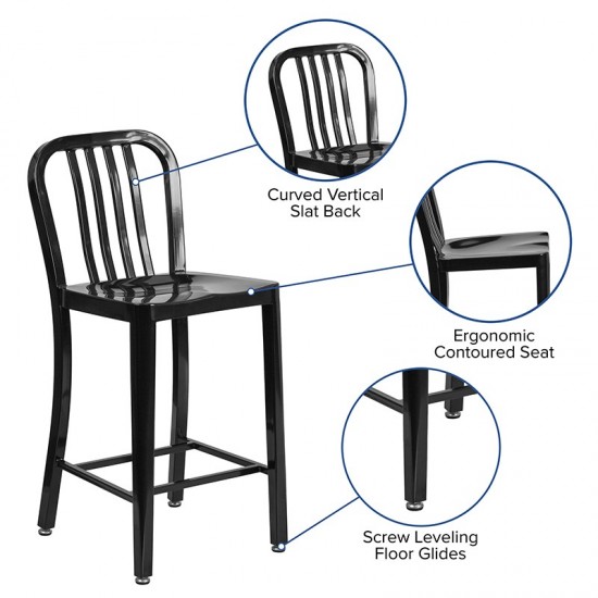 Commercial Grade 24" High Black Metal Indoor-Outdoor Counter Height Stool with Vertical Slat Back