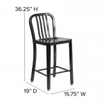 Commercial Grade 24" High Black Metal Indoor-Outdoor Counter Height Stool with Vertical Slat Back